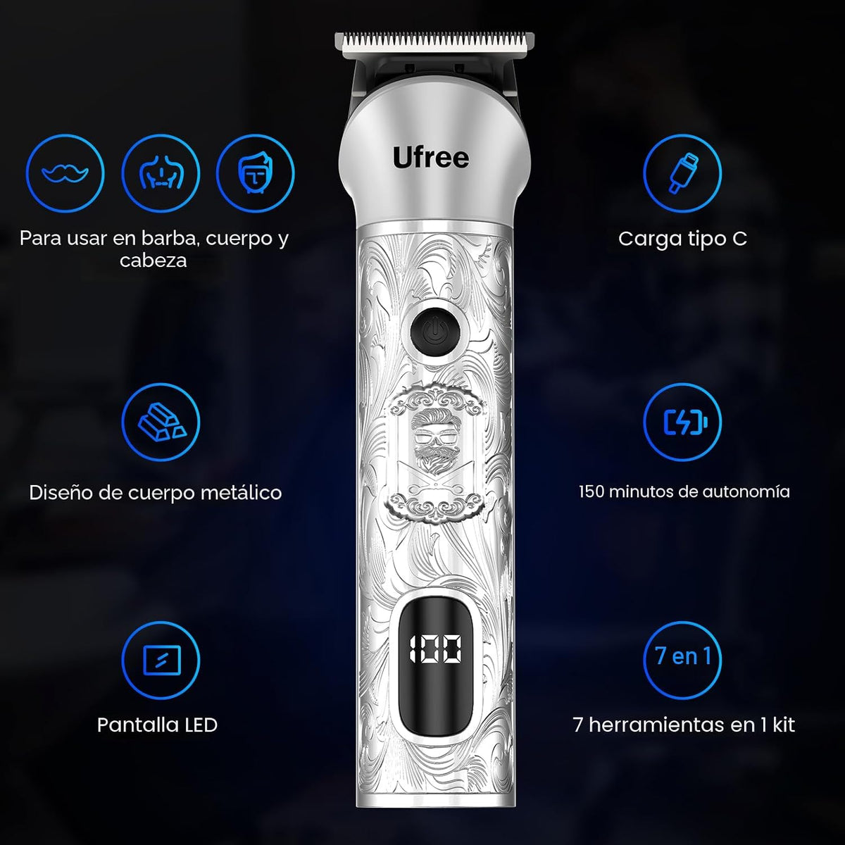 Ufree Recortadora de barba 7 en 1 para hombres, afeitadora eléctric...