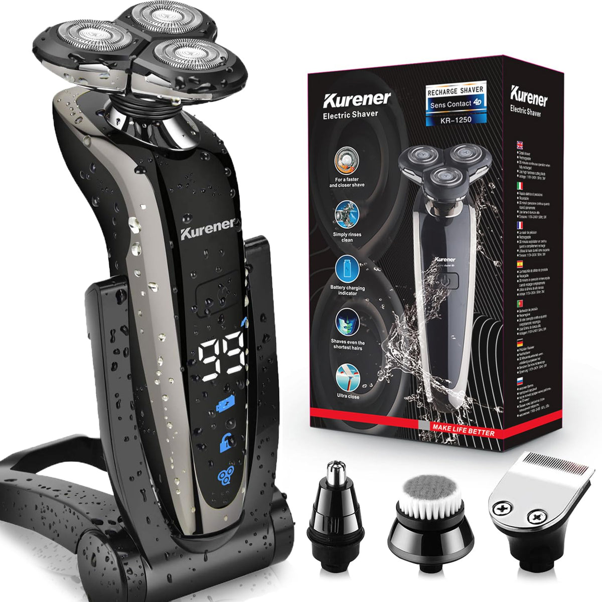 Kurener Afeitadora eléctrica para hombres, recargable, 100% imperme...