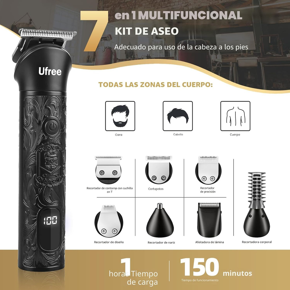 Ufree Recortadora de barba 7 en 1 para hombres, afeitadora eléctric...