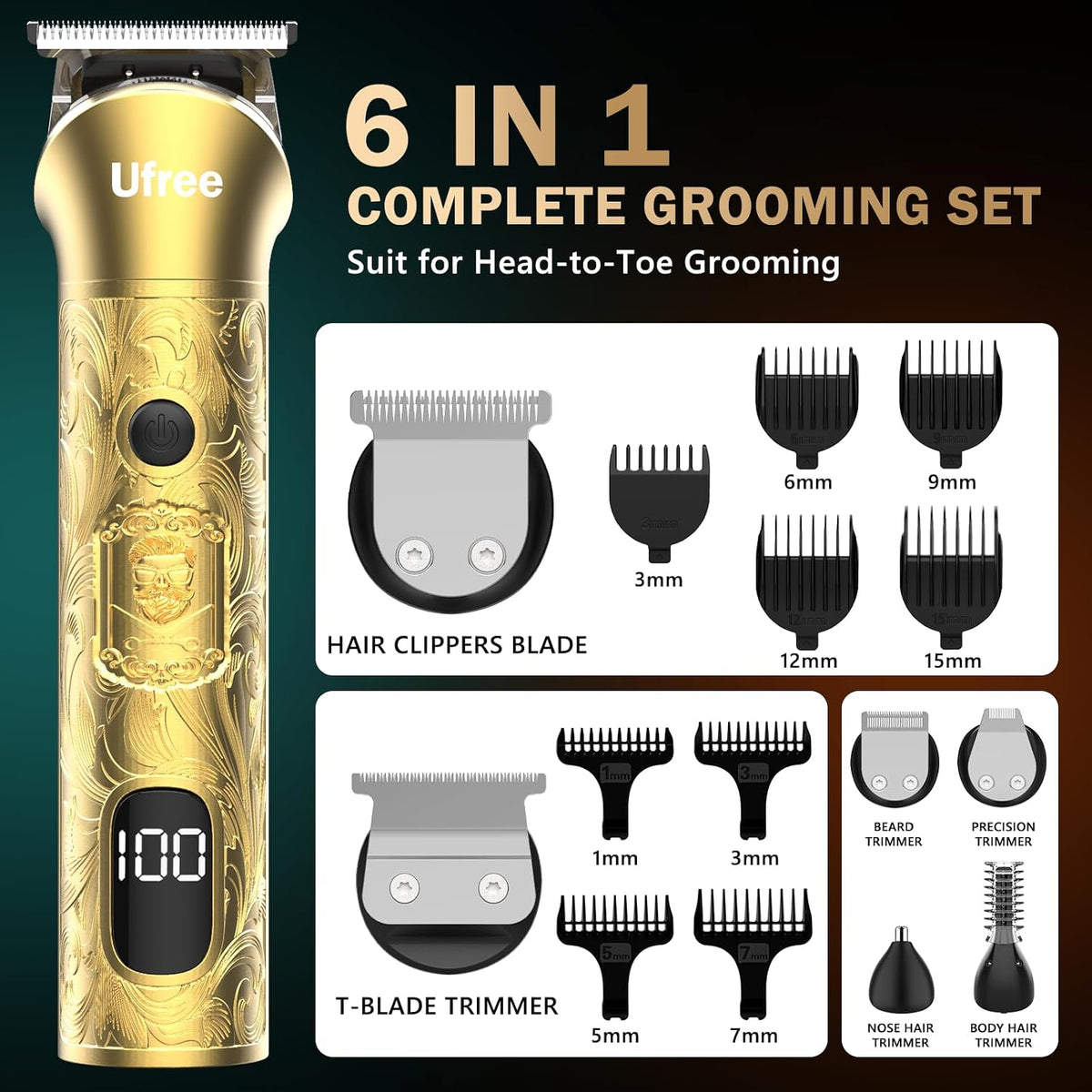 Ufree Cortadora de pelo para hombres, recortadora de barba, afeitad...