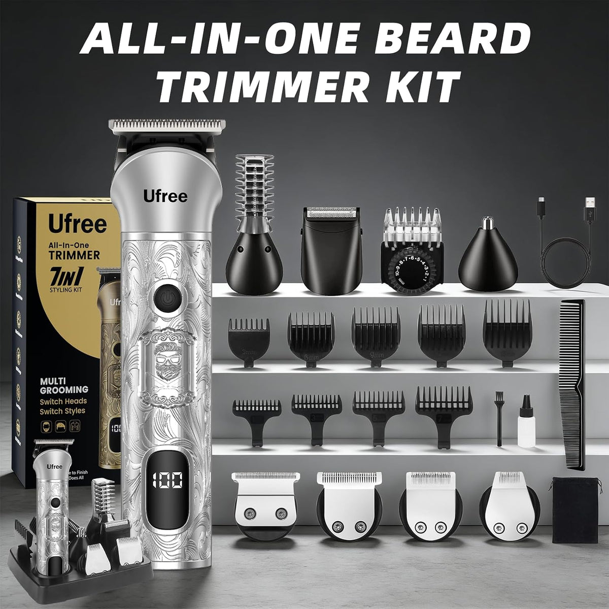 Ufree Recortadora de barba 7 en 1 para hombres, afeitadora eléctric...