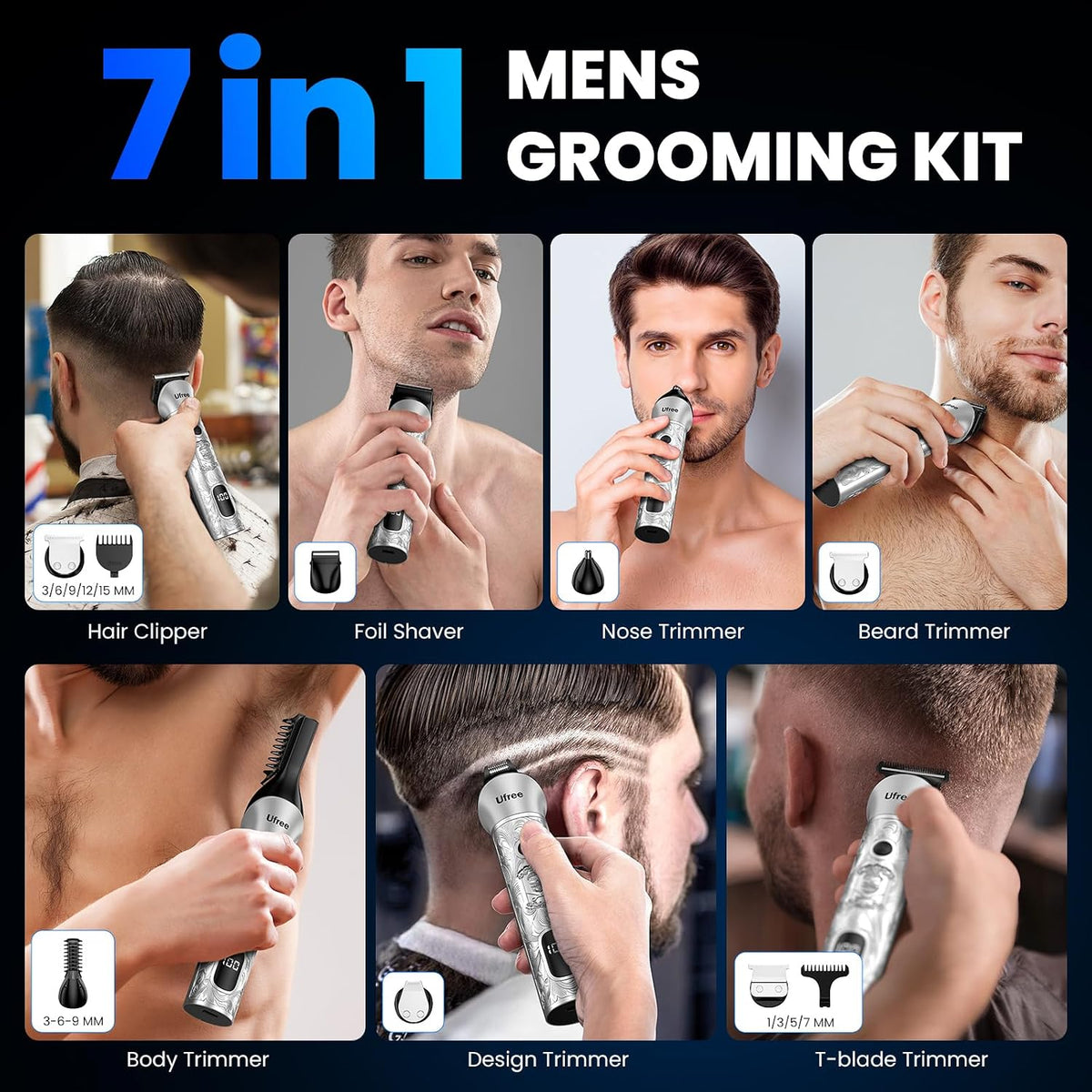 Ufree Recortadora de barba 7 en 1 para hombres, afeitadora eléctric...
